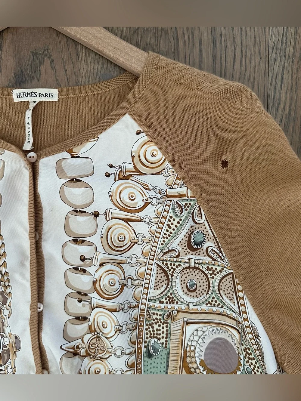 Vintage Hermes Silk and Cashmere Cardigan Twinset Camel Brown Multicolor XL
